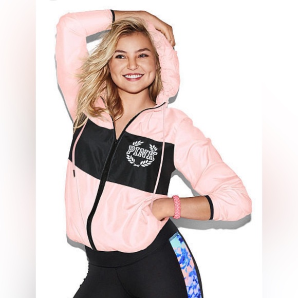 PINK Victoria's Secret Jackets & Blazers - Pink Victorias Secret Pink And Black Hooded Anorak Windbreaker Jacket Size XS/S
